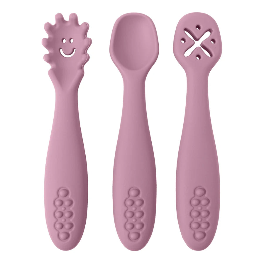 Toyesta-3PCS Cutlery Silicone Children's Tableware-Powder-rose-
