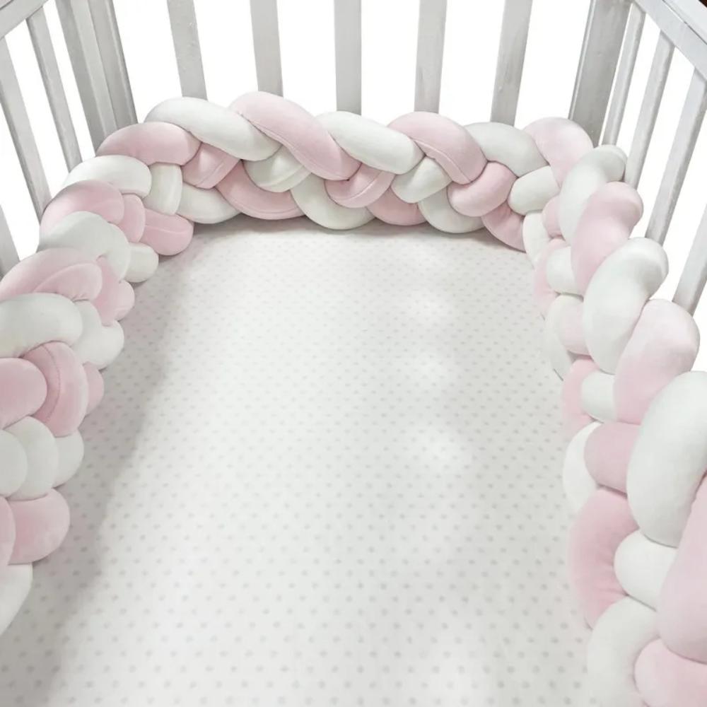 Toyesta-Braided Cot Bumper Baby Crib Protector-Pink-White-100 cm(39.3inch)-