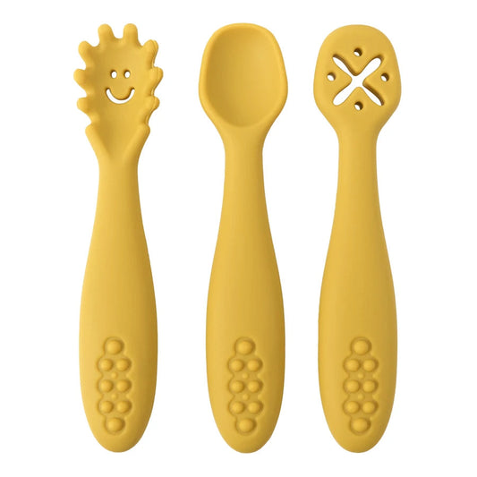 Toyesta-3PCS Cutlery Silicone Children's Tableware-Mustard-