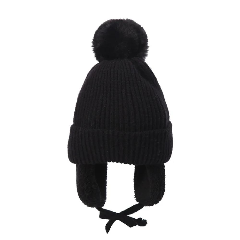 Toyesta-Baby Big Pompom Beanie with Earflap-Black-2-8T-