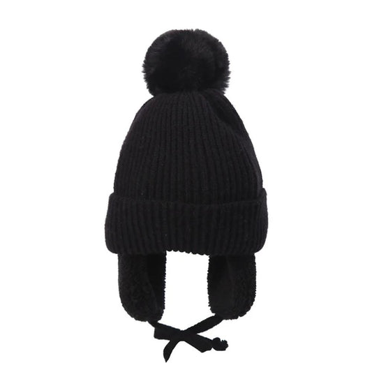 Toyesta-Baby Big Pompom Beanie with Earflap-Black-2-8T-