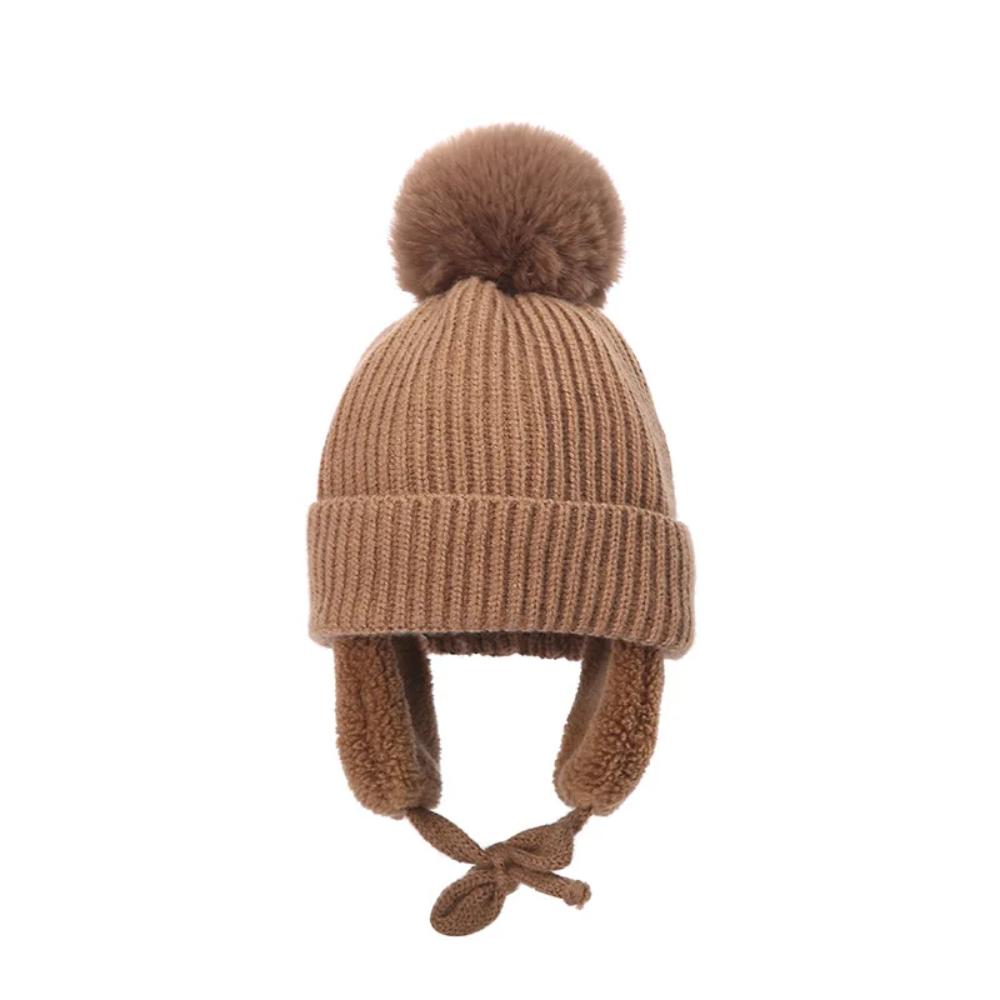 Toyesta-Baby Big Pompom Beanie with Earflap-Brown-2-8T-